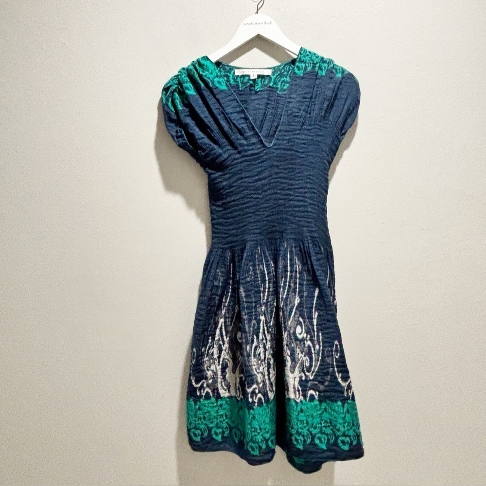 MAX STUDIO Women’s Blue Green Woven Structured Skirt Stretch Waist Dress Size S